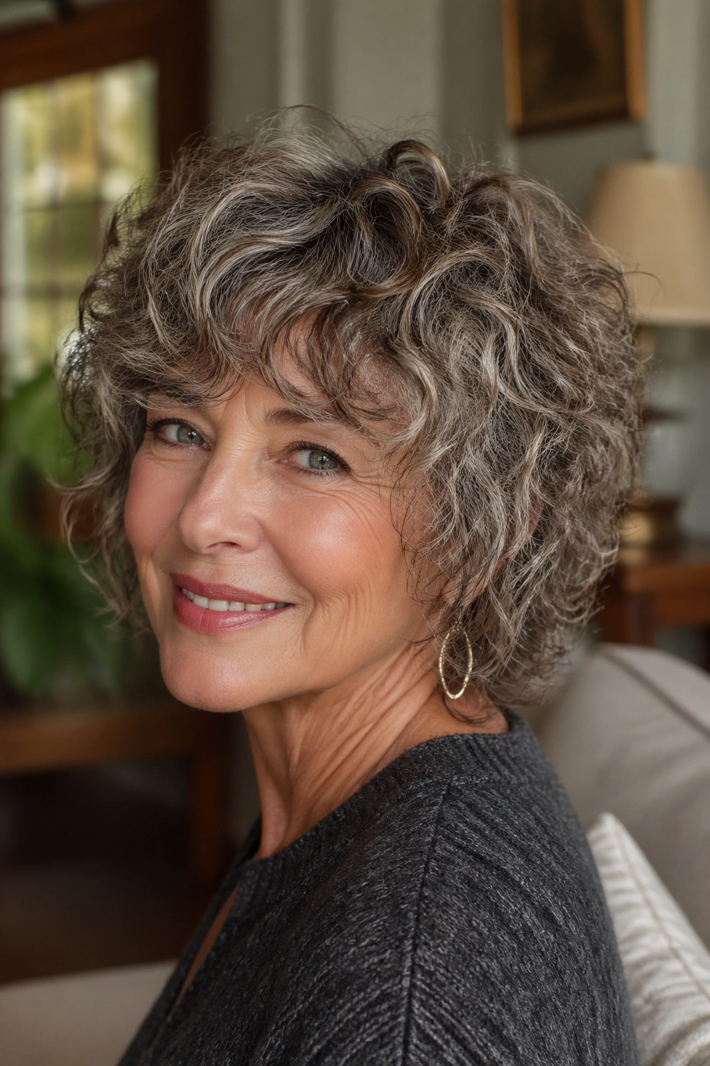 Close-up of a real woman with curly shag cut showing defined curls.