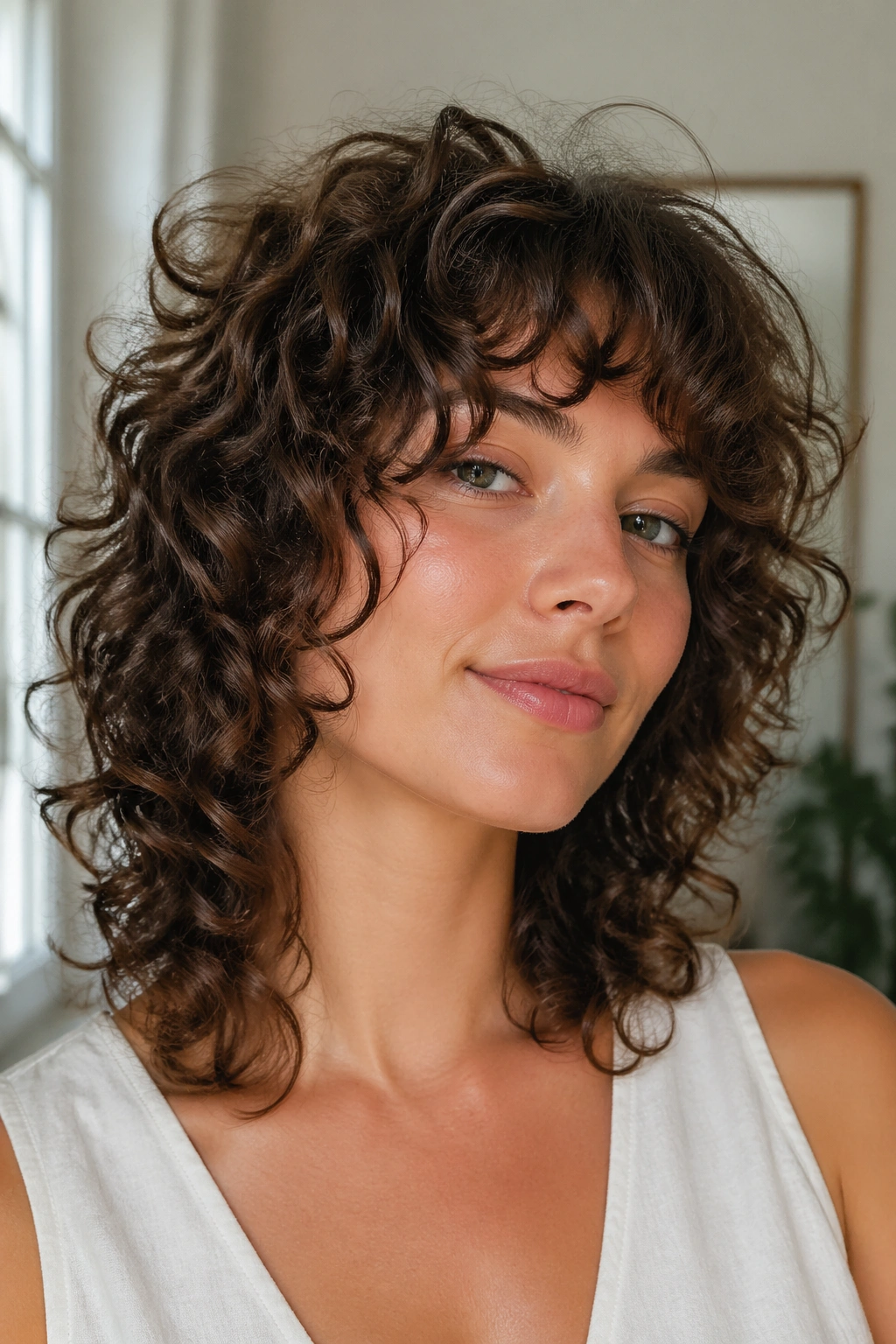 Close-up portrait of a real person with curly shag hairstyle built for bounce.