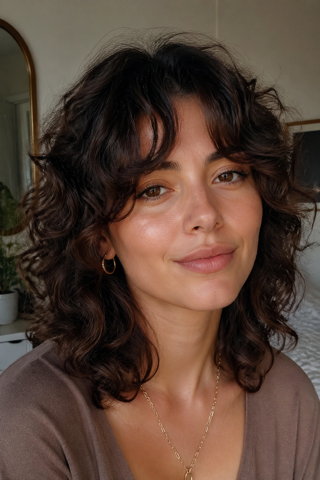 Close-up of a real woman with curly shag and curtain bangs in warm window light