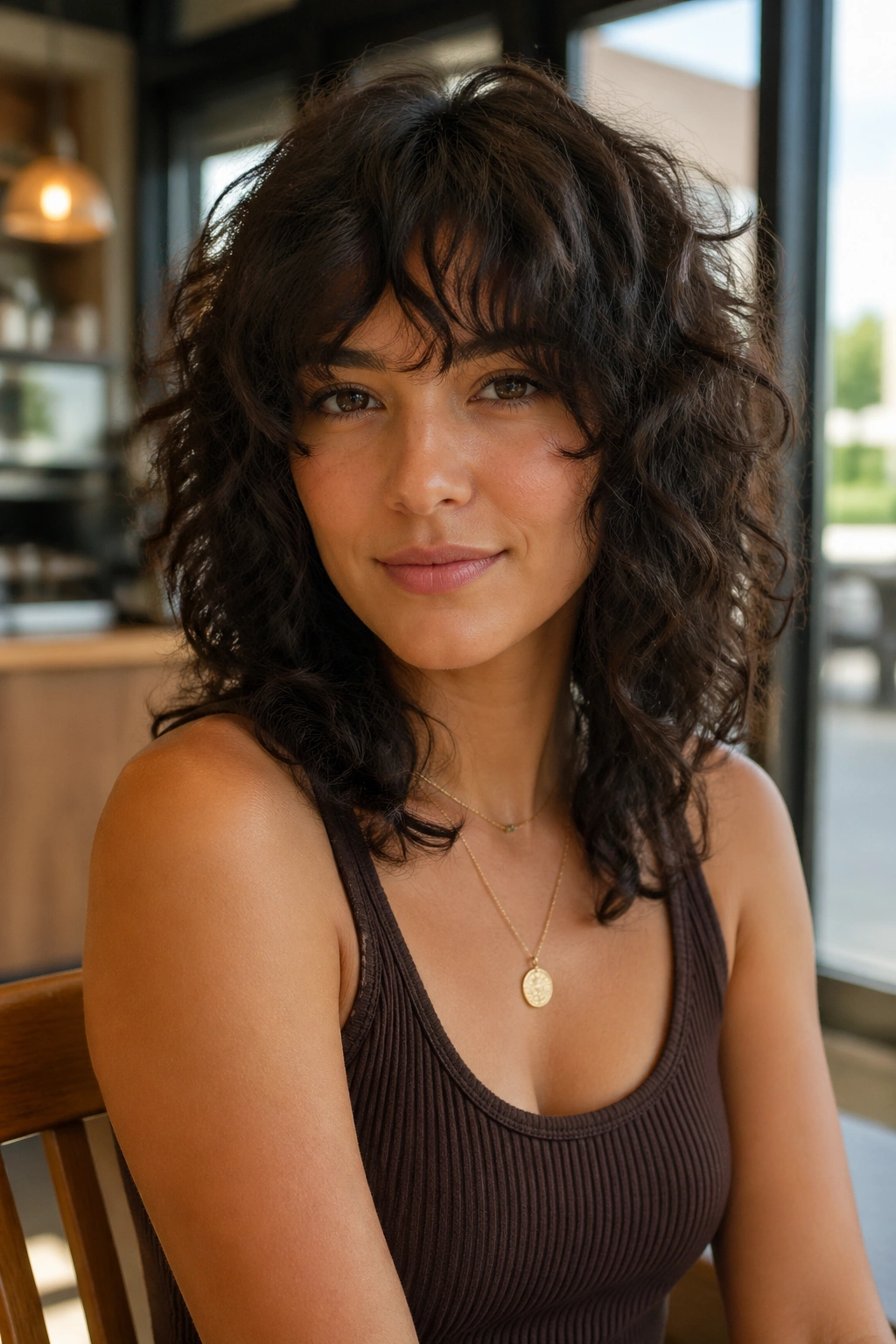 Medium close-up of a real woman with curly shag and face-framing pieces