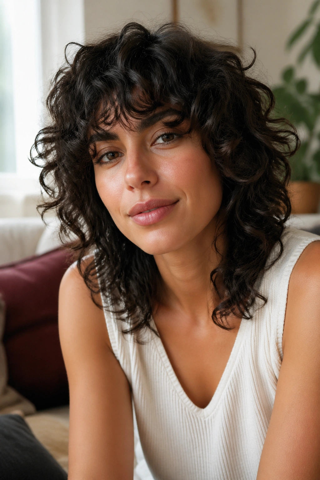 Close-up of a real woman with curly shag and soft fringe, natural lighting