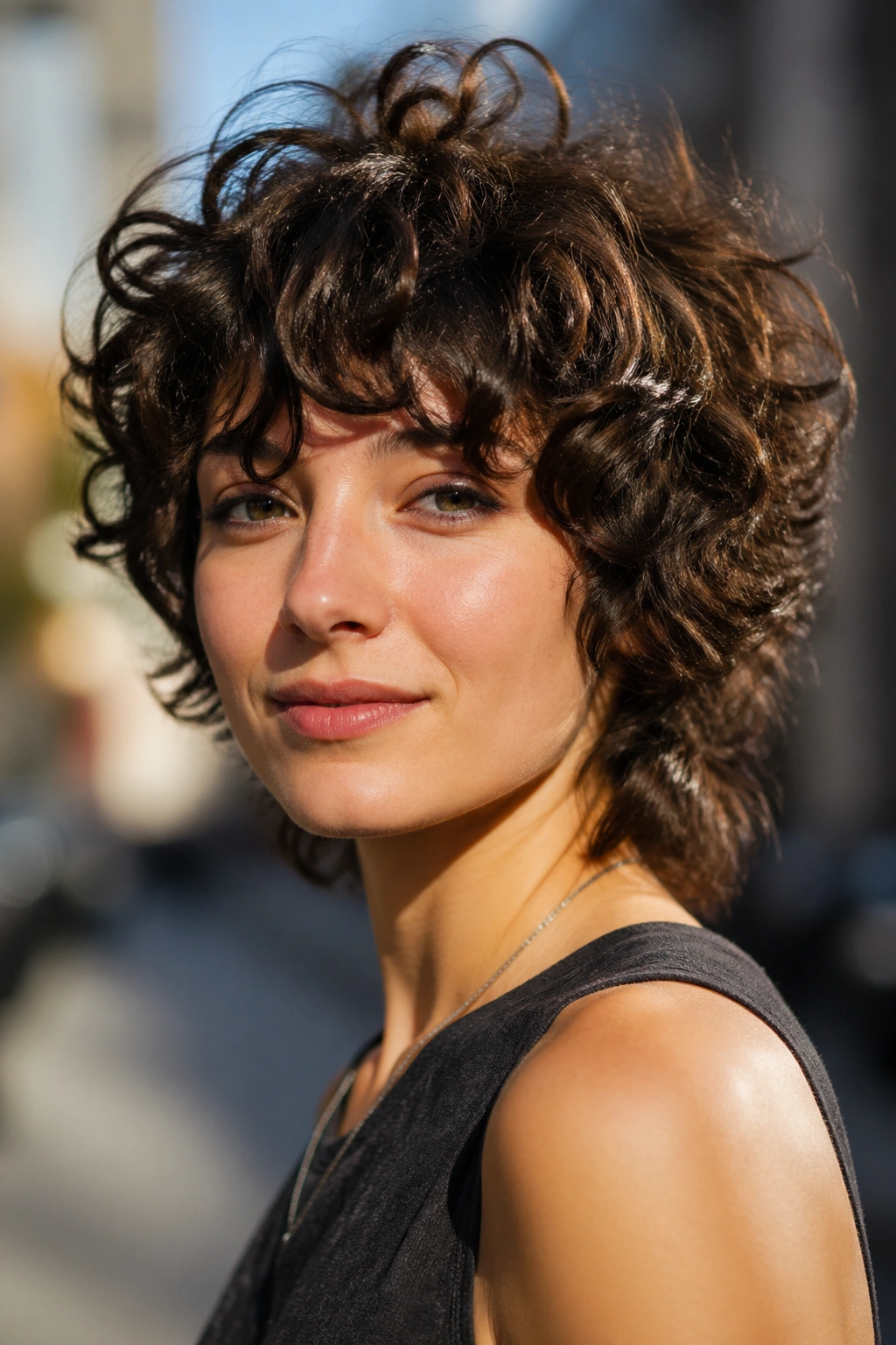 Close-up of real woman with Curly Shag hairstyle showing crown lift