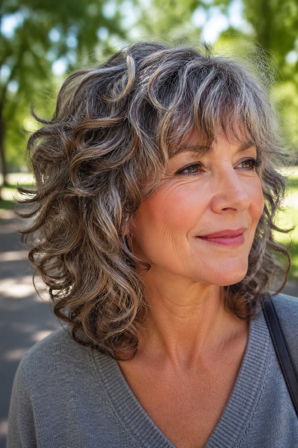 Close-up portrait of a real woman with curly shag hairstyle featuring mocha ribbons.