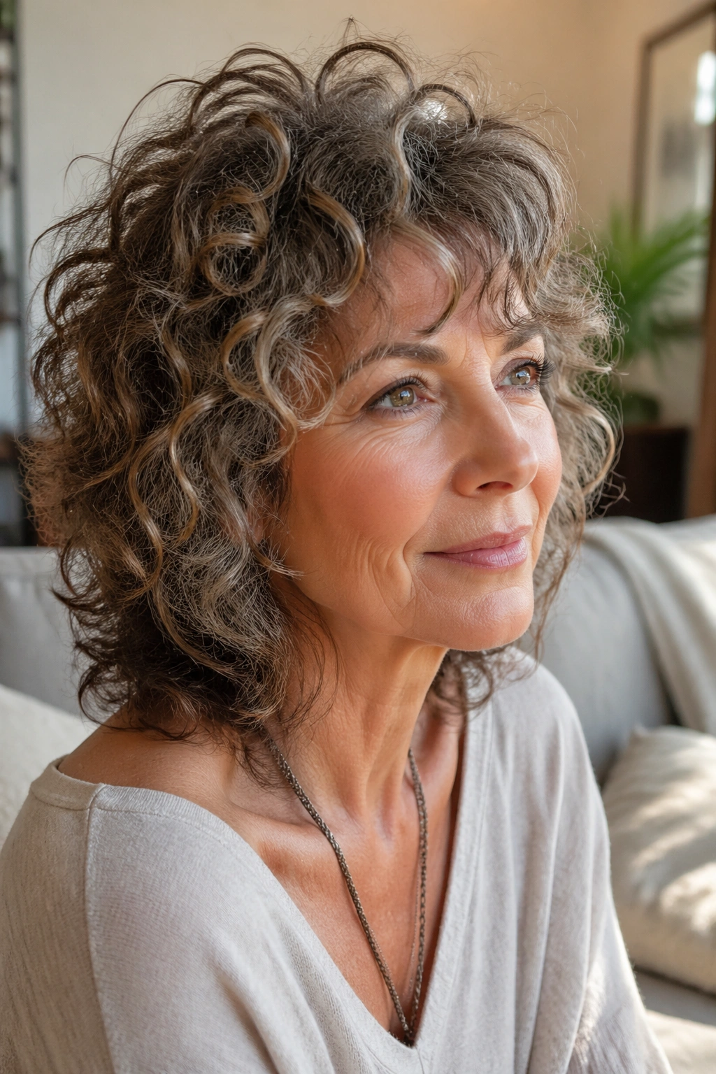 Real woman with curly shag; defined, layered curls.