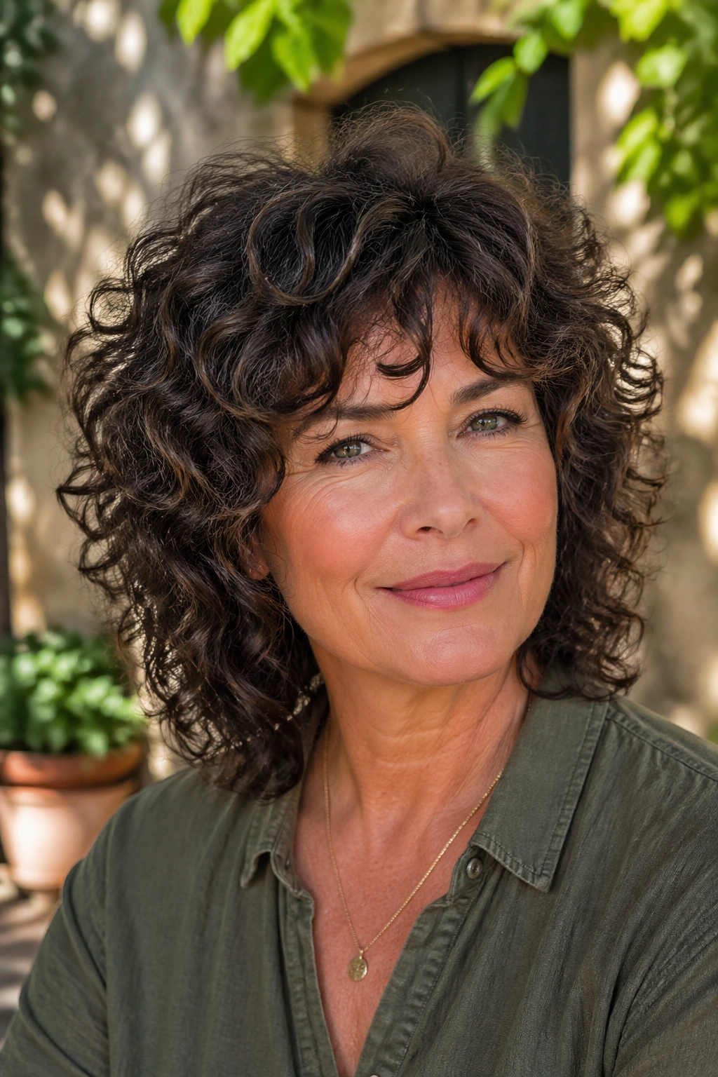 Close-up of a real woman with curly shag in a sunlit courtyard.