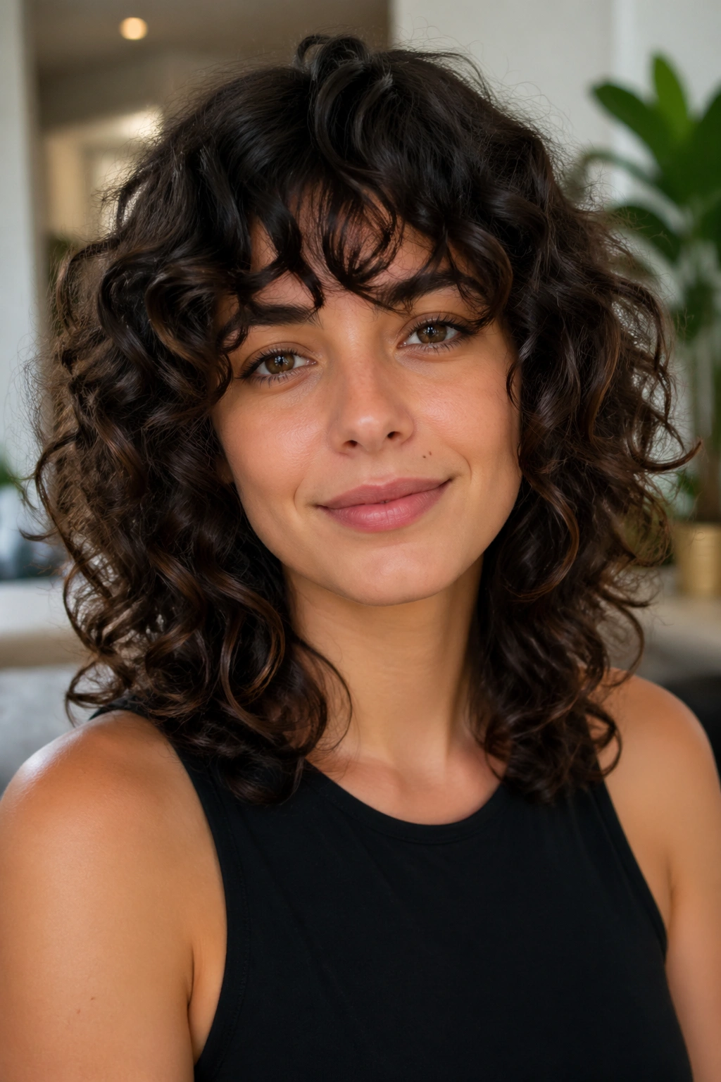 Close-up of curly hair with rounded layered shag on a real person