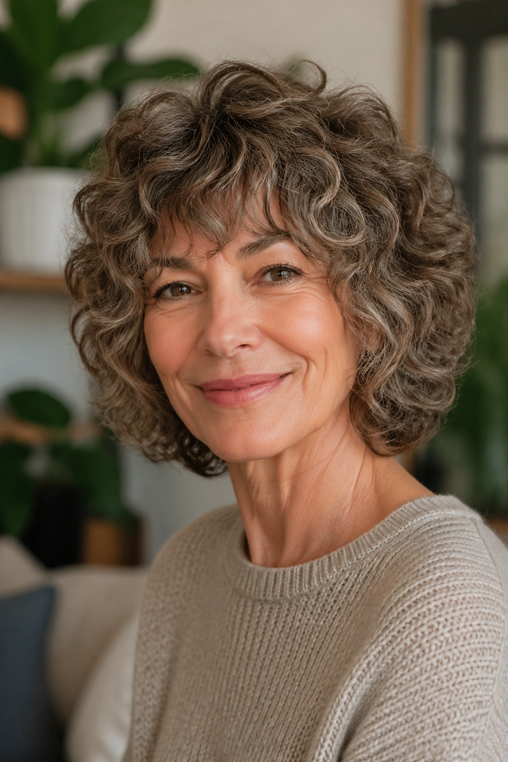 Real woman with curly shag hairstyle and rounded silhouette
