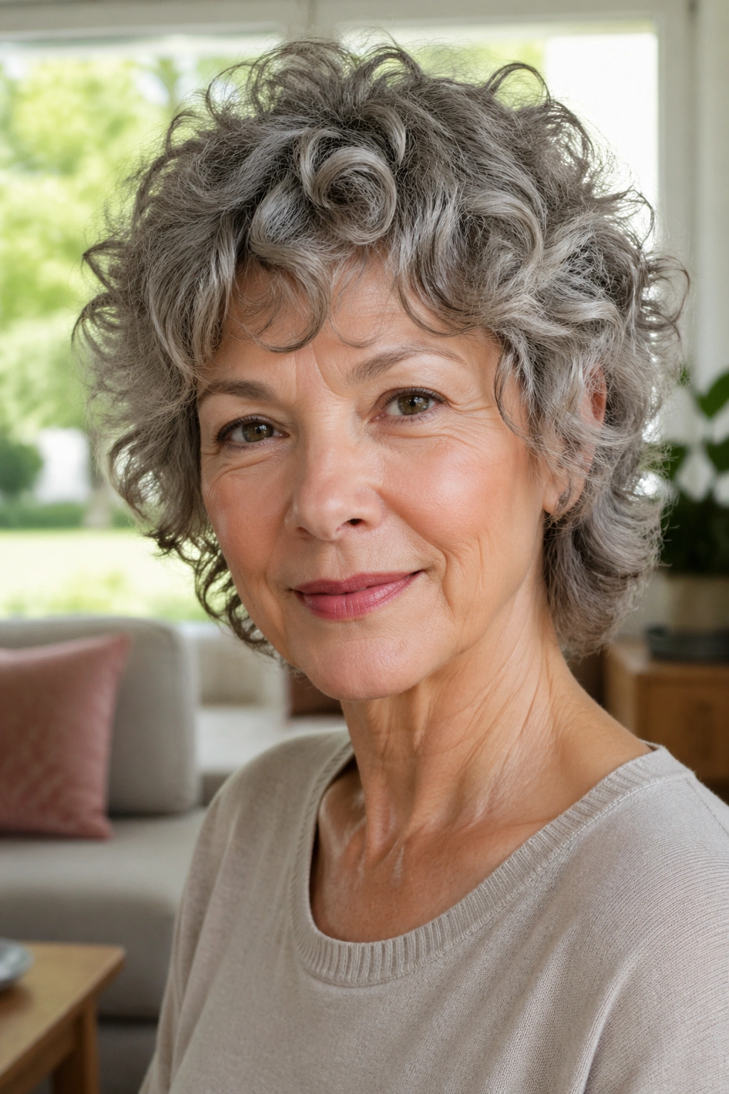 Real woman with curly shag and short layers in natural light