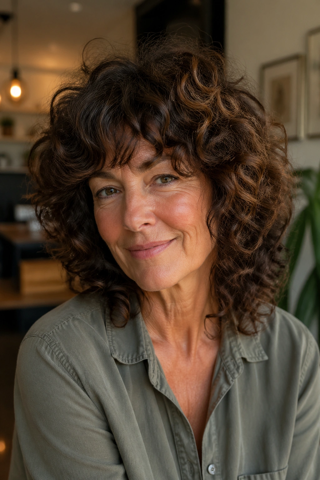 Close-up portrait of a real woman with thick curly wavy hair in a warm indoor setting