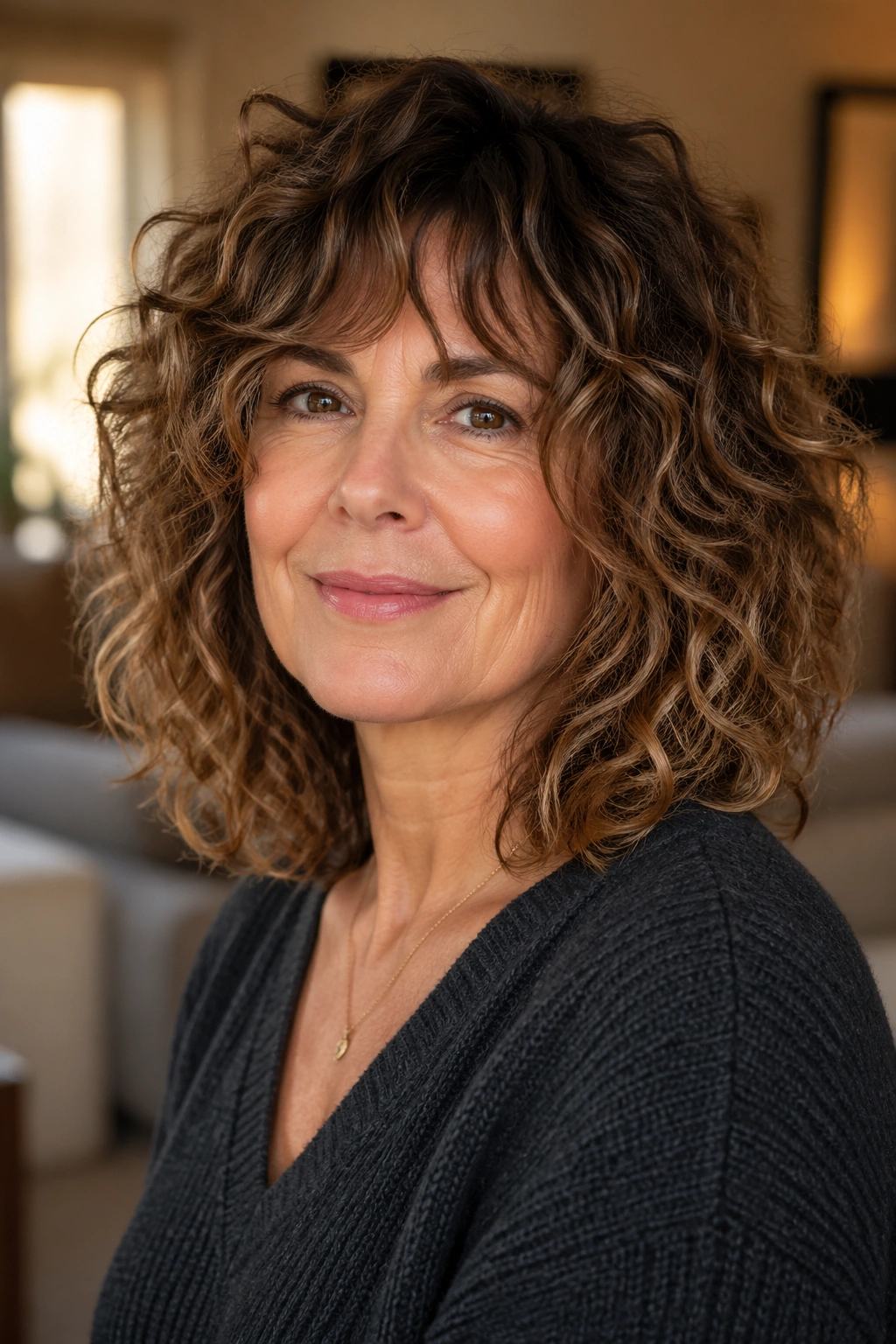 Close-up of a real woman with Curly Shaggy Lob With Dry-Cut Layers, curls framing the face in warm indoor light.