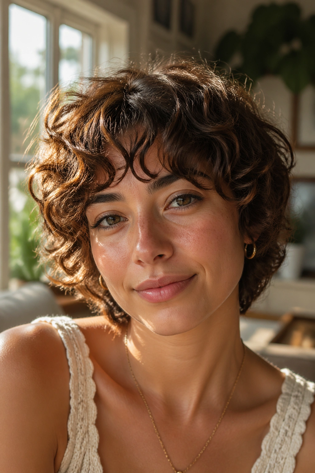 Close-up portrait of a woman with curly short shag on oval face in warm window-light living room