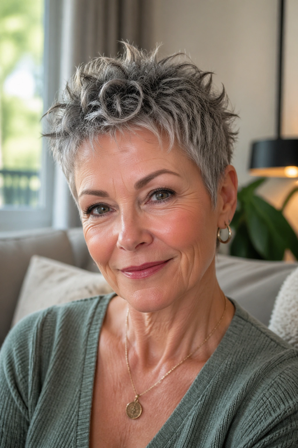 Close-up of a real woman with Curly Short Spiky Crop in cozy natural light