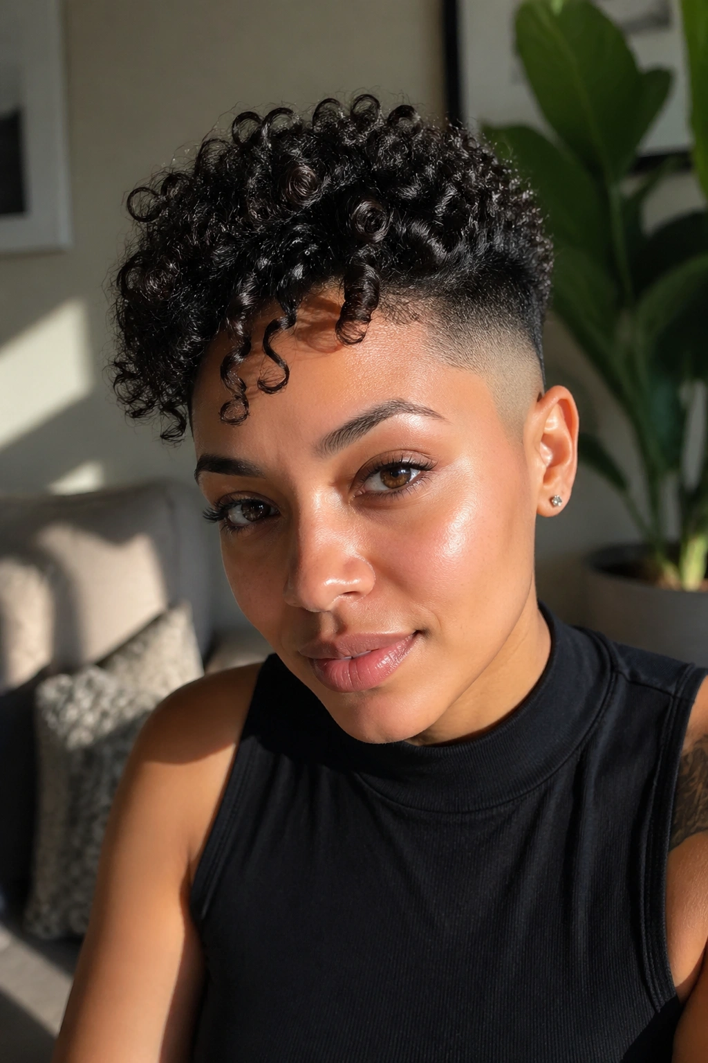 Close-up portrait of a real person with curly top fade in a sunlit living room