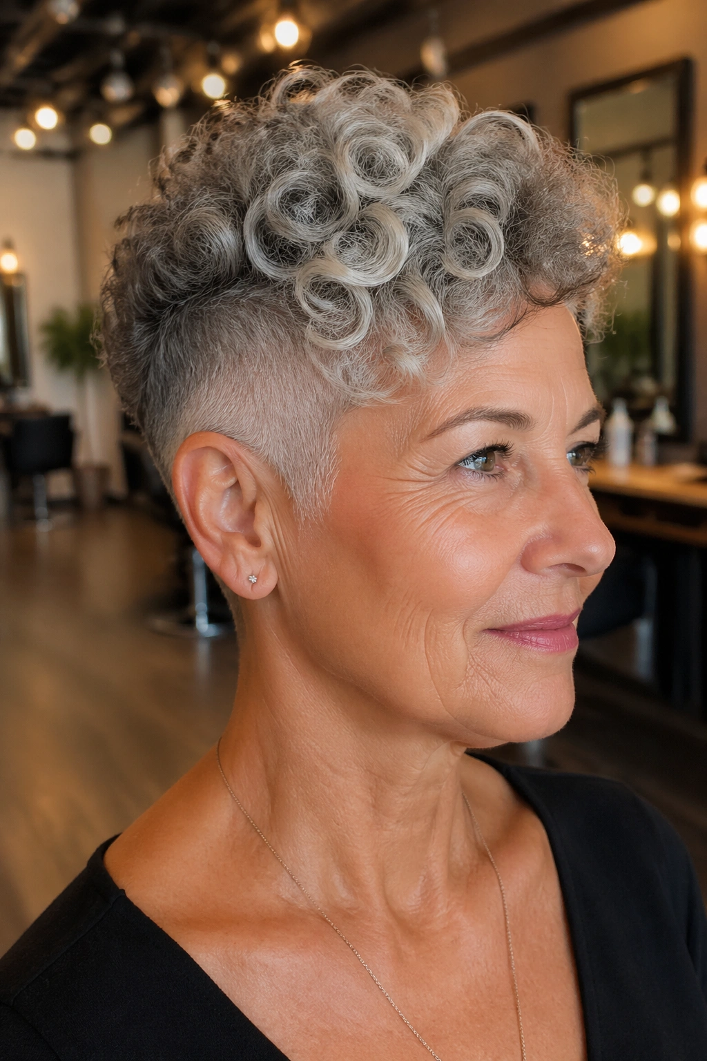 Close-up portrait of a real woman with curly undercut and full soft top