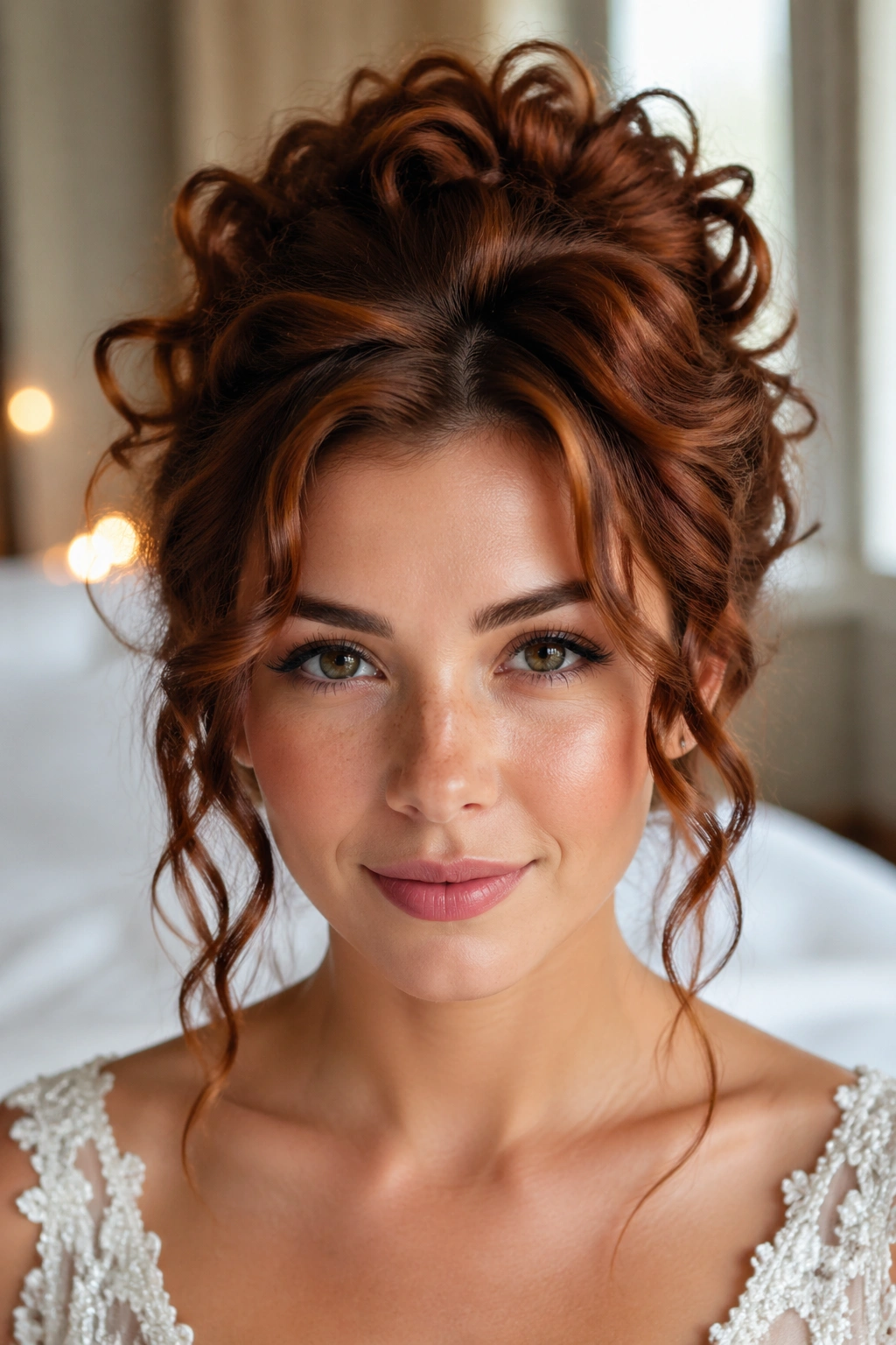 Close-up of a real person with a curly pinned updo and auburn dimension.