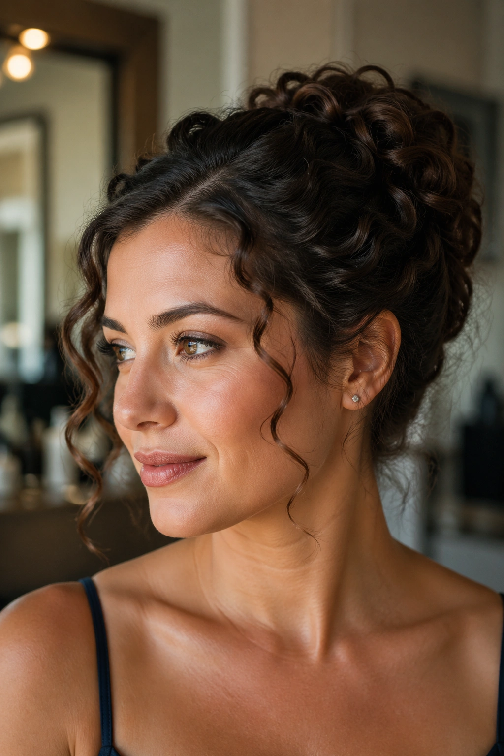 Close-up of real woman with soft curly updo showing natural curls