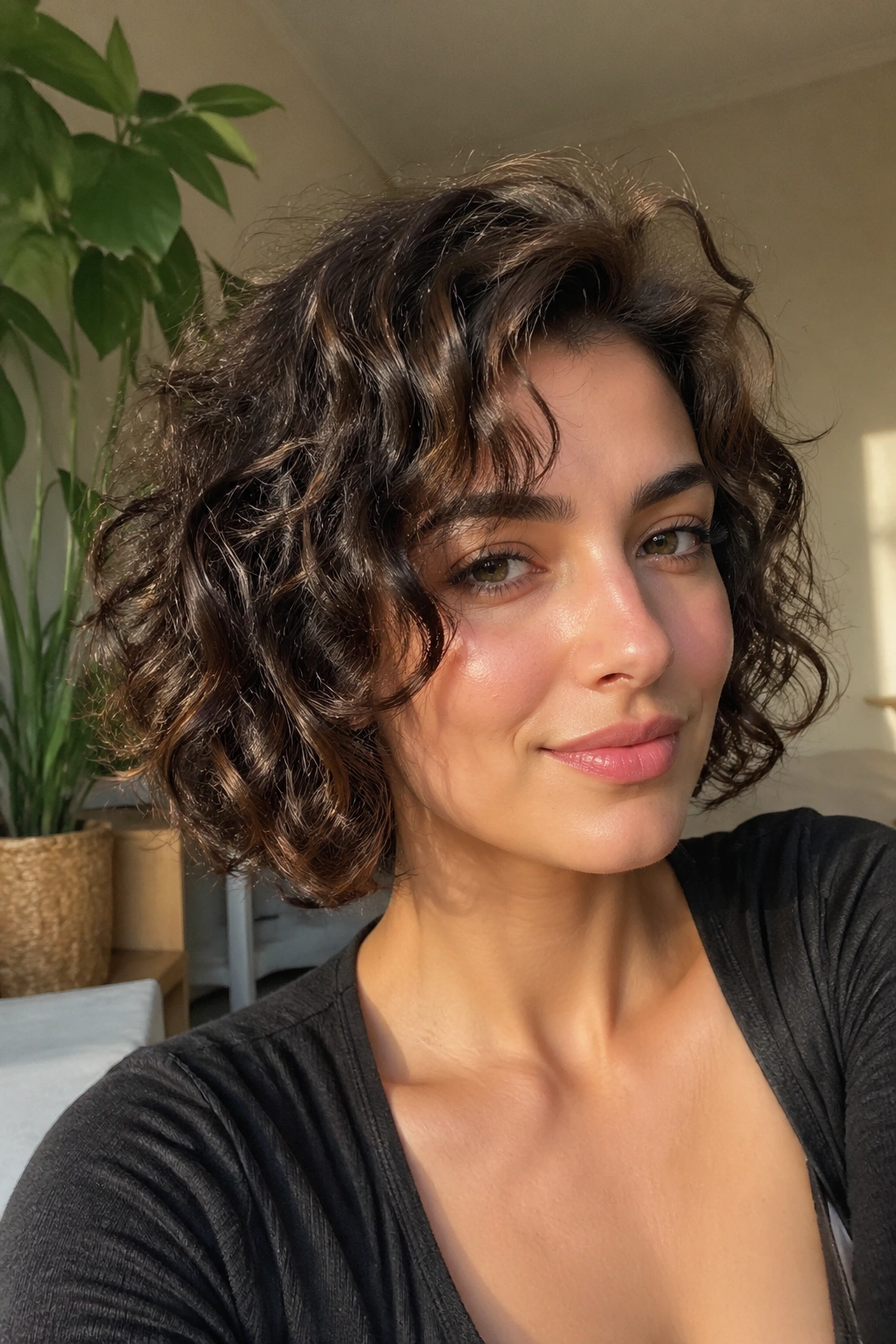 Real-person portrait showing curly-wavy hair with air-dried texture and defined curl clumps