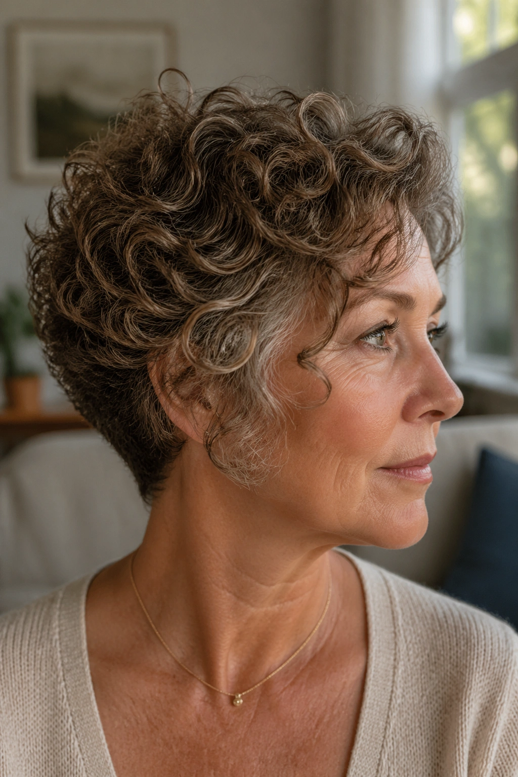 Portrait of a woman with a curly wedge cut showing natural texture.