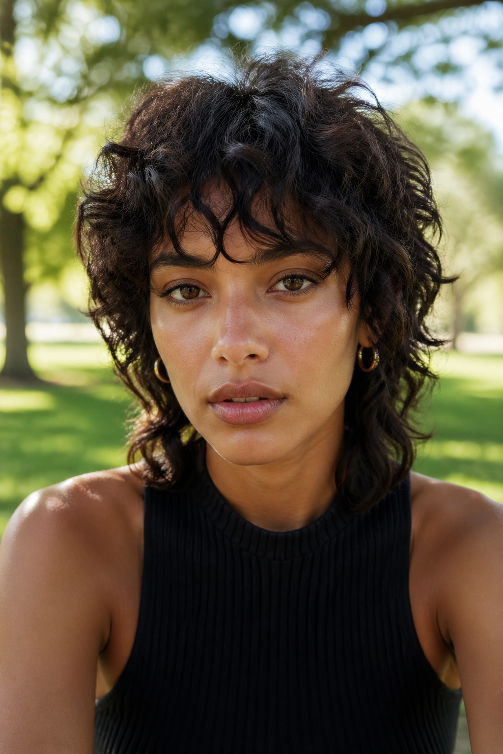 Close-up portrait of a real person with a curly wolf cut showing textured crown and loose sides