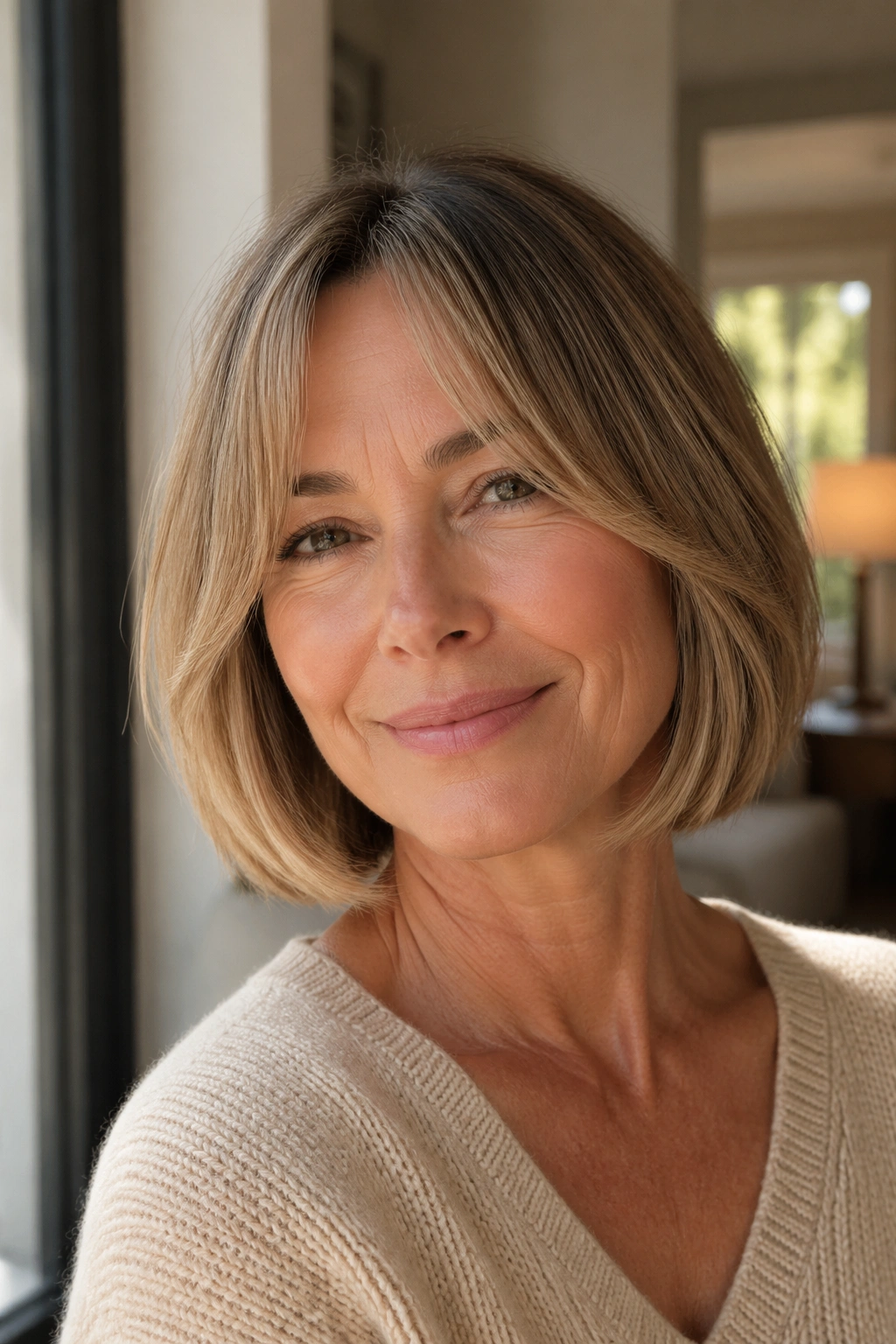 Portrait of a woman with curtain bangs bob in morning light