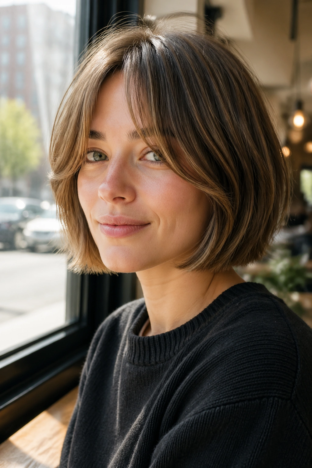 Portrait of a woman in a curtain-bang bob hairstyle in a sunlit cafe