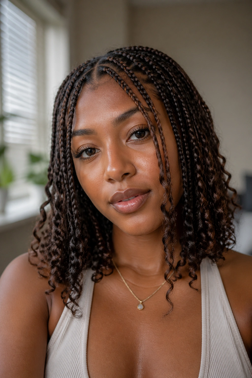 Real person wearing curtain-bang braids with loose front pieces