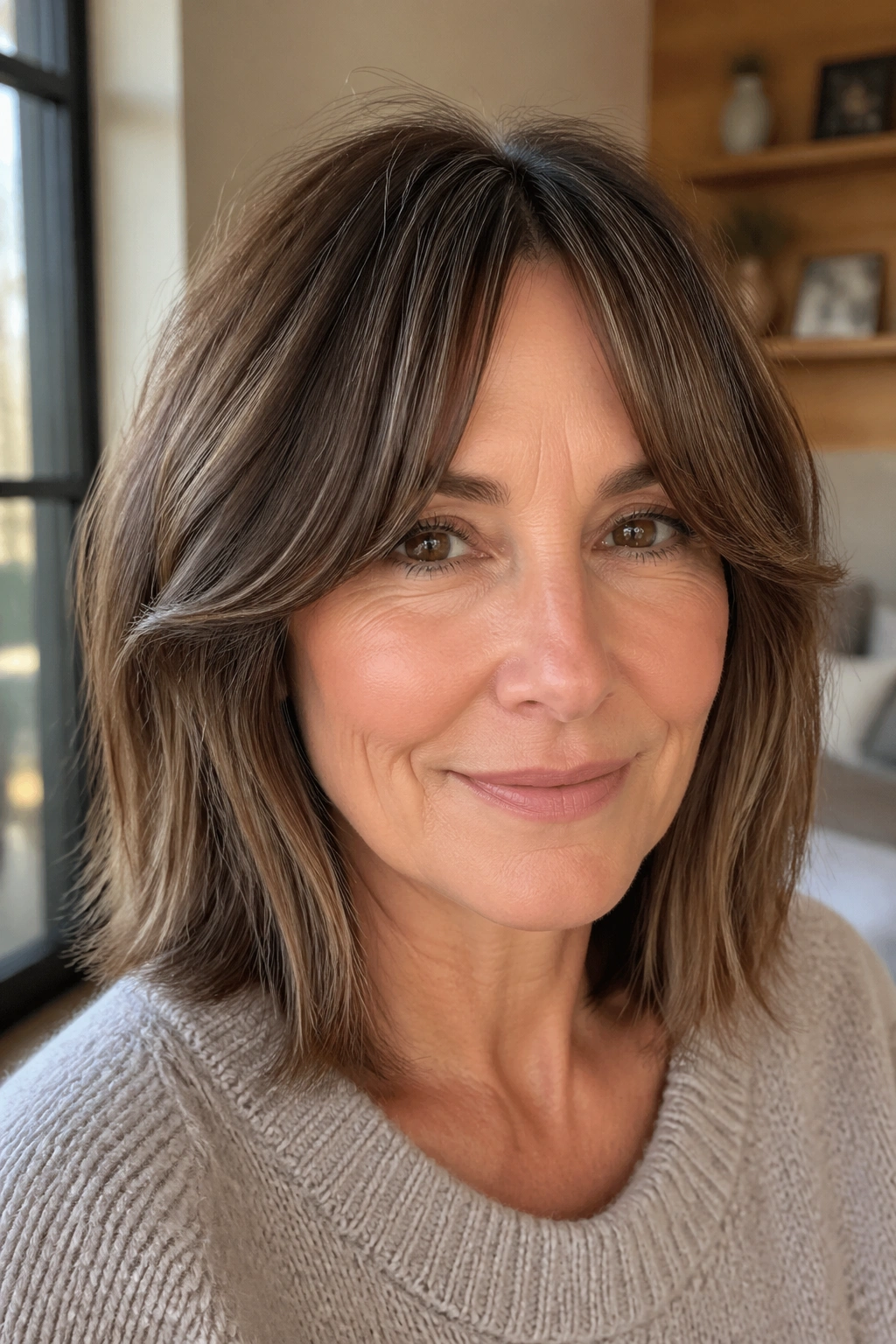Portrait of a real woman with curtain bangs and a lob.