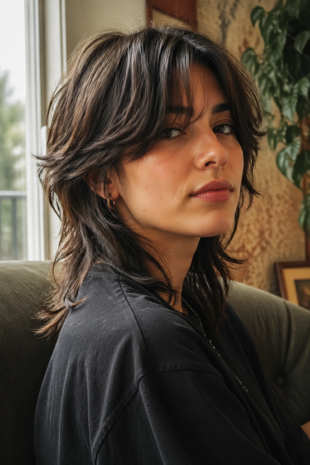 Close-up portrait of a real person with curtain bangs and mullet in warm window light