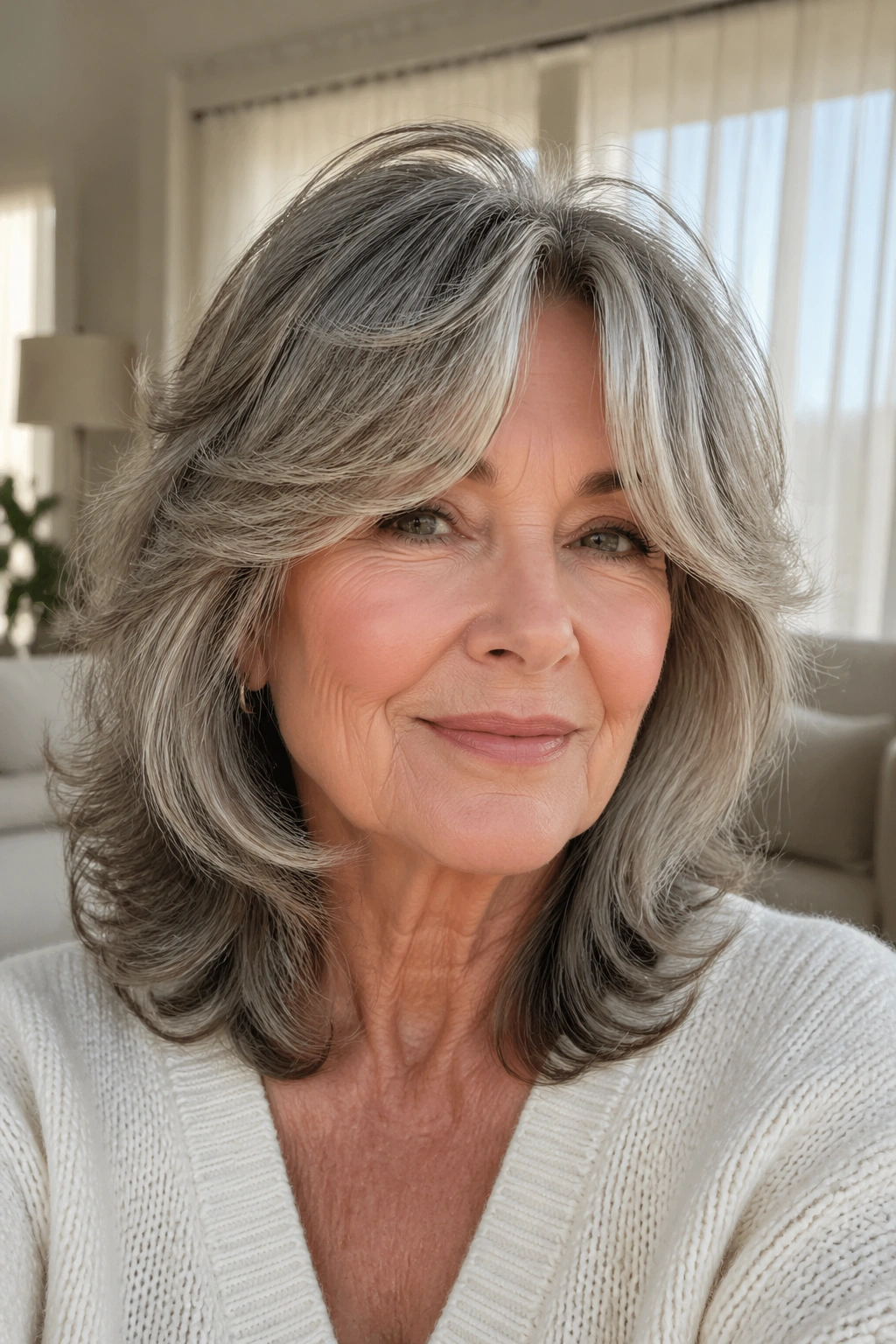 Older woman with curtain-bang shag hairstyle in soft light