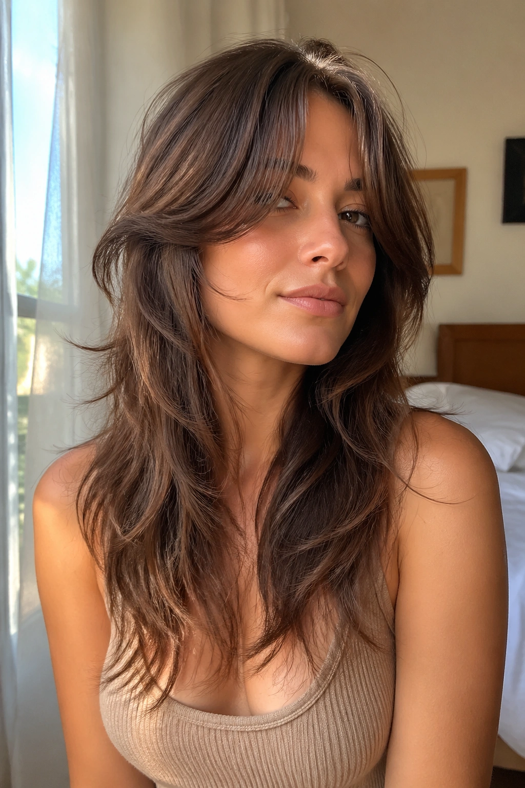 Close-up of a real woman with curtain bangs and cheekbone-length layers in a warm sunlit room