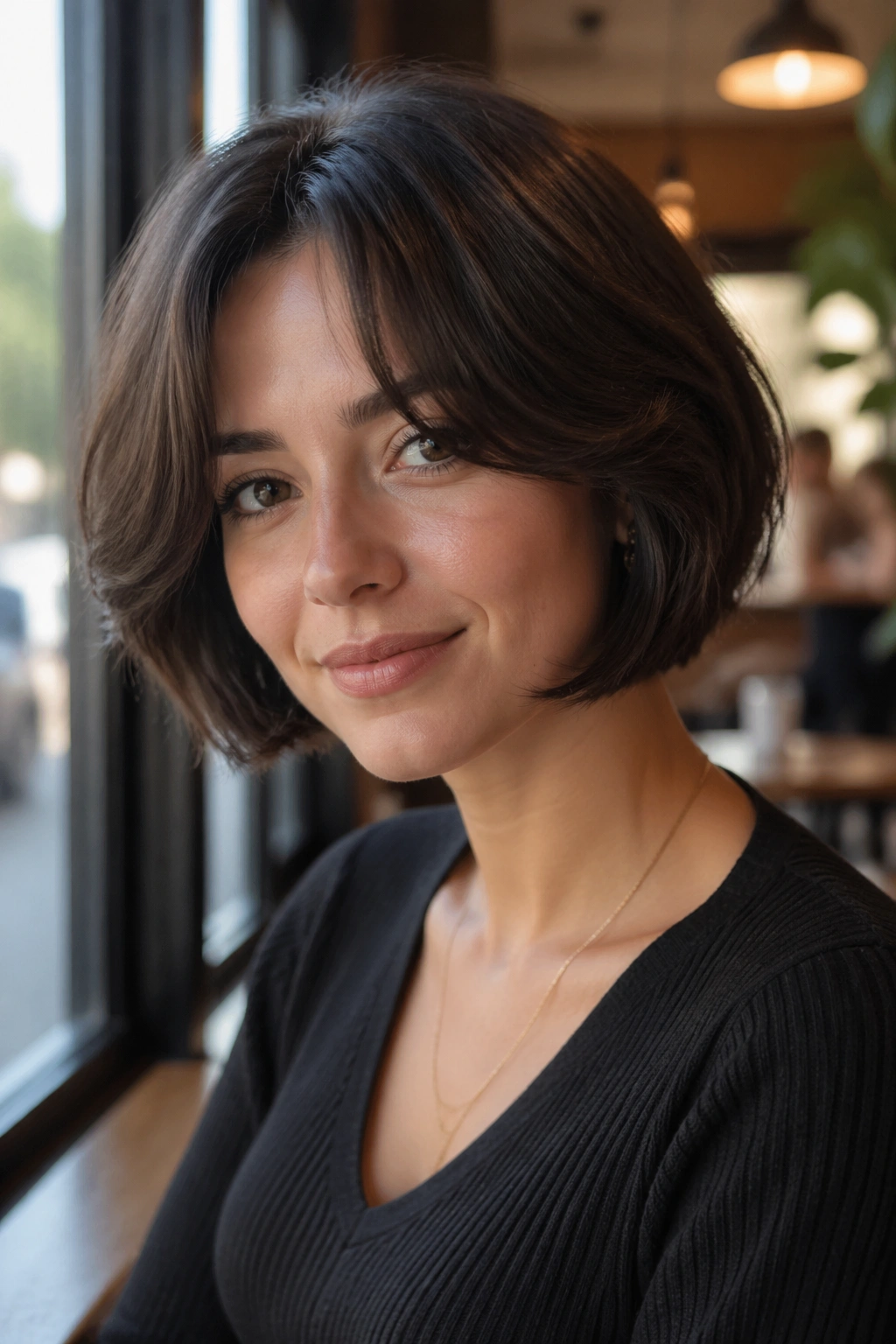 Close-up of real woman with curtain bangs and chin-length bob in a cafe setting