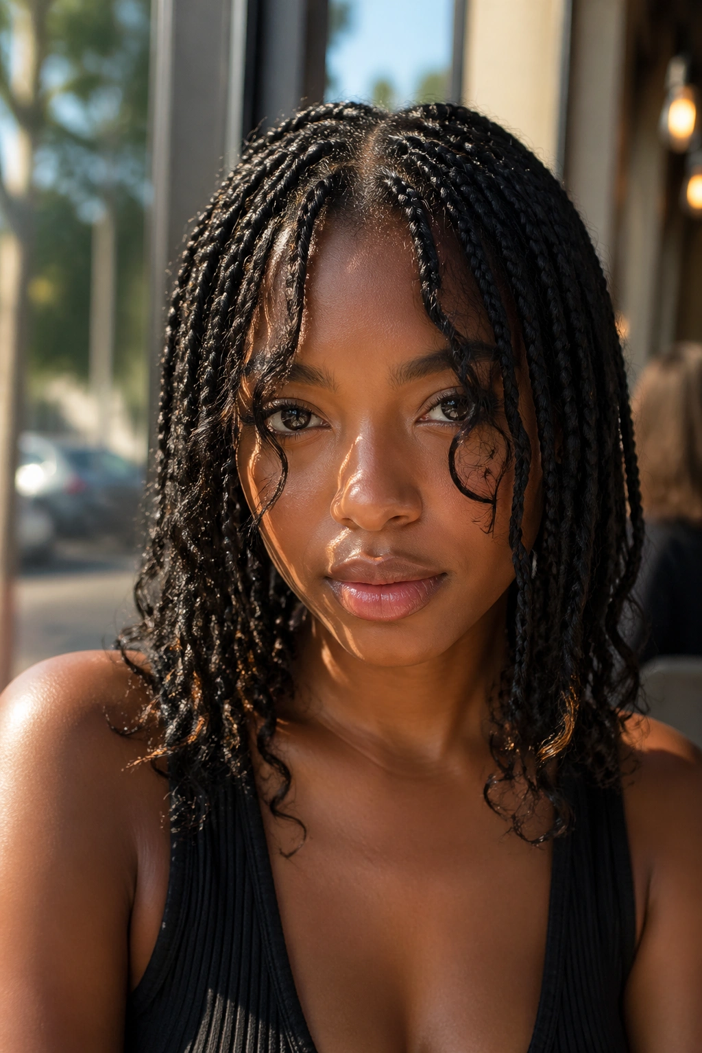 Real woman with curtain bangs and boho box braids in warm cafe window light.