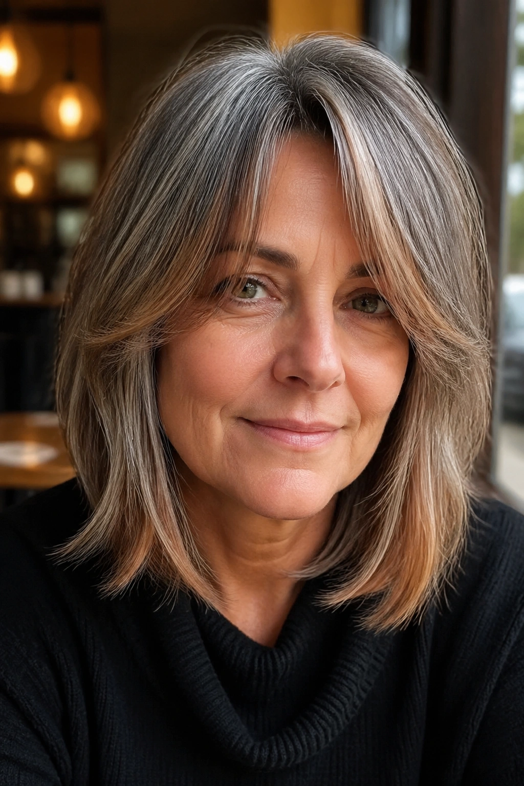 Close-up of a real woman with curtain bangs and cinnamon-brown framing on gray hair