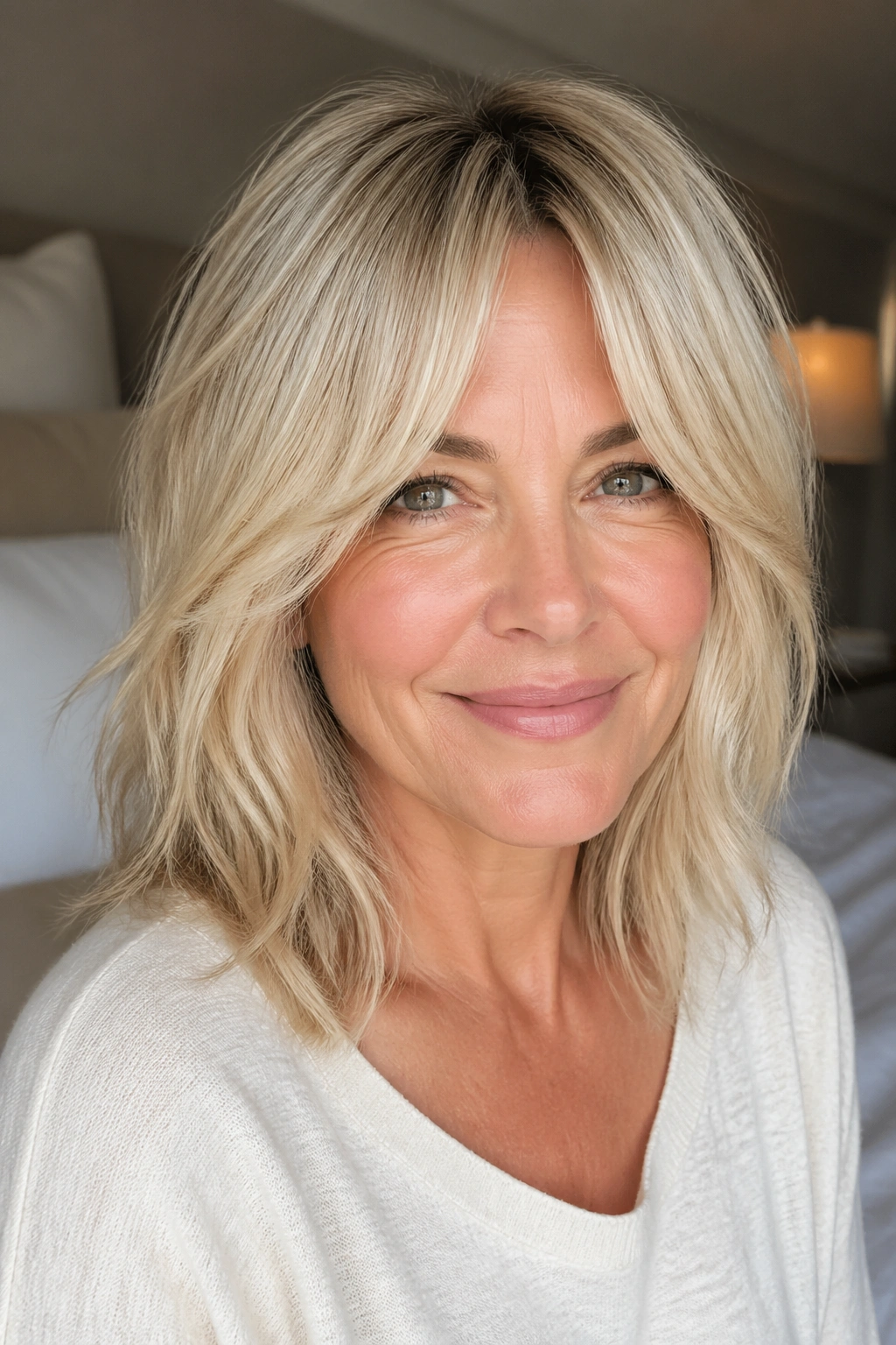 Close-up portrait of a real woman with creamy blonde curtain bangs framing her cheeks