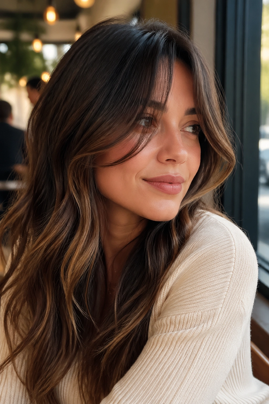 Close-up of a real woman with curtain bangs and soft face-framing pieces in warm daylight