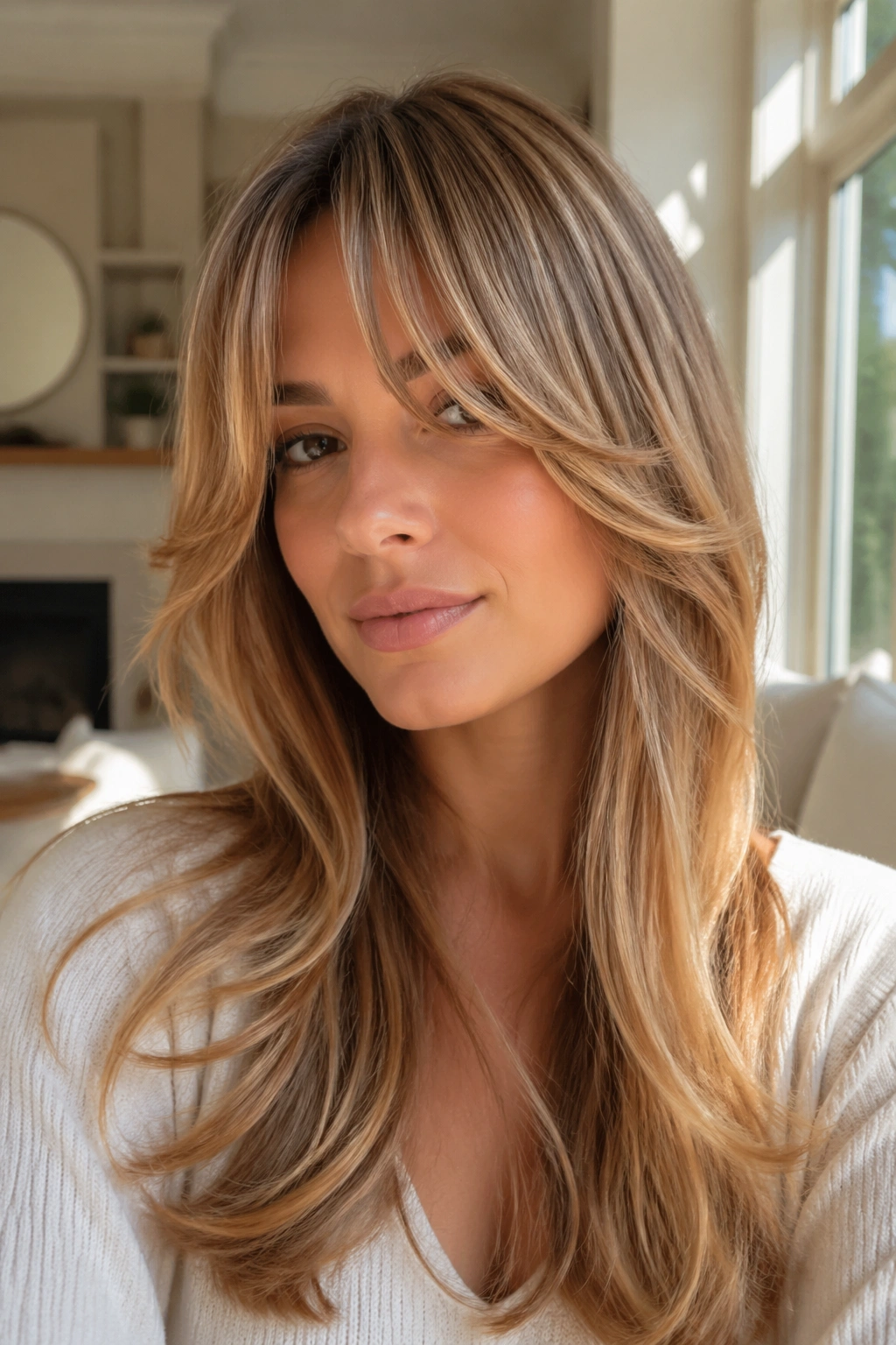 Close-up of a real woman with curtain bangs and long honey layers