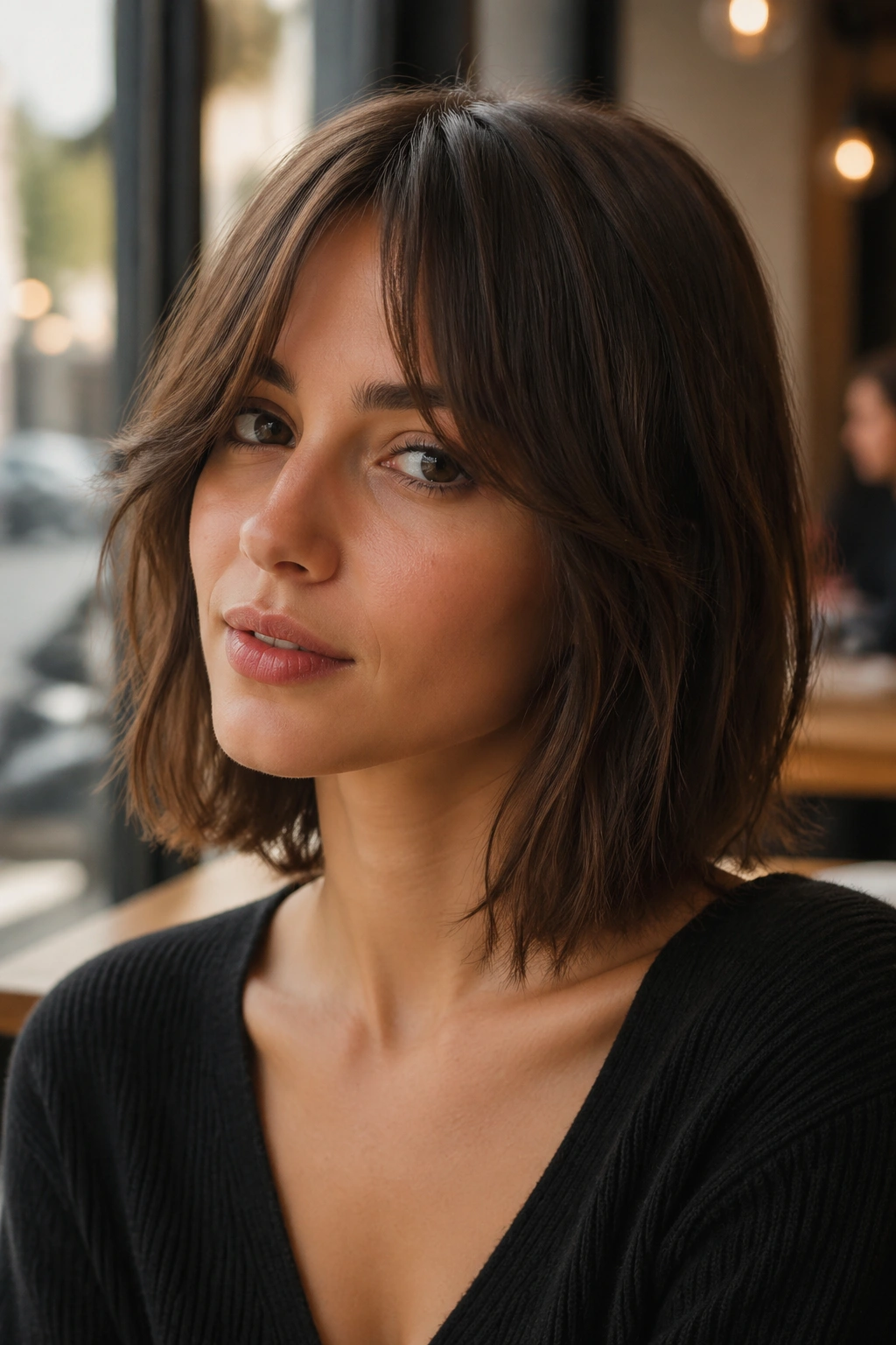 Close-up of a real person with curtain bangs framing the eyes.