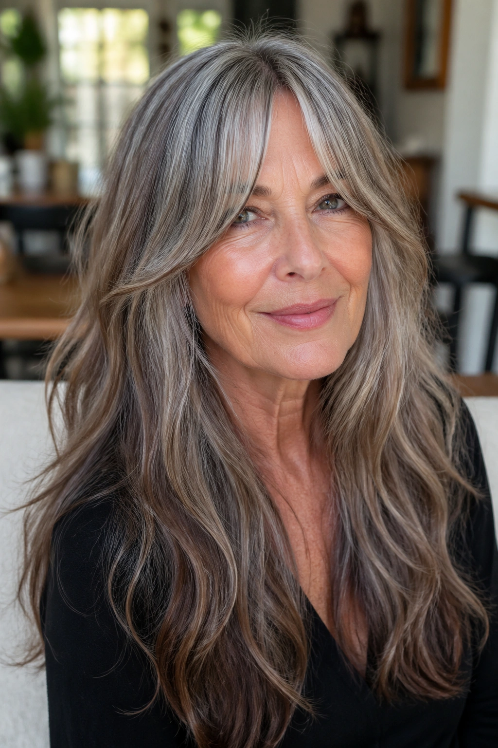 Close-up of a woman with curtain bangs blending into long hair