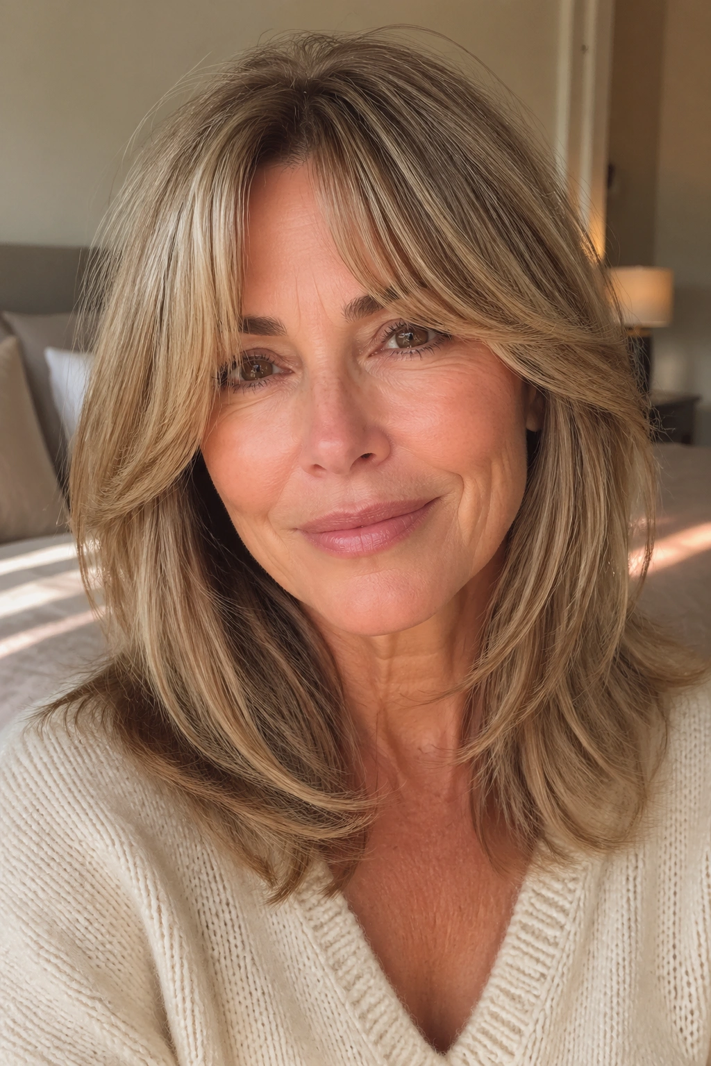 Close-up of a real woman with curtain bangs and mid-length layers