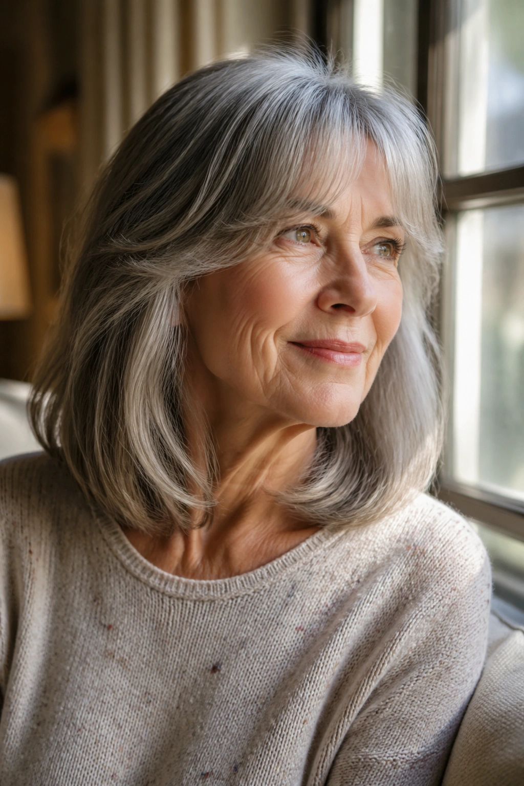 Portrait of an older woman with curtain bangs on a shoulder-length cut in a sunlit room.
