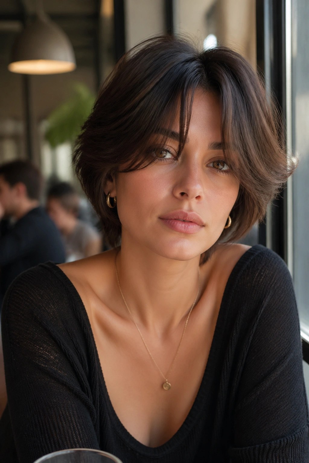 Close-up portrait of a real woman with curtain bangs and a bixie open at the face in cafe window light
