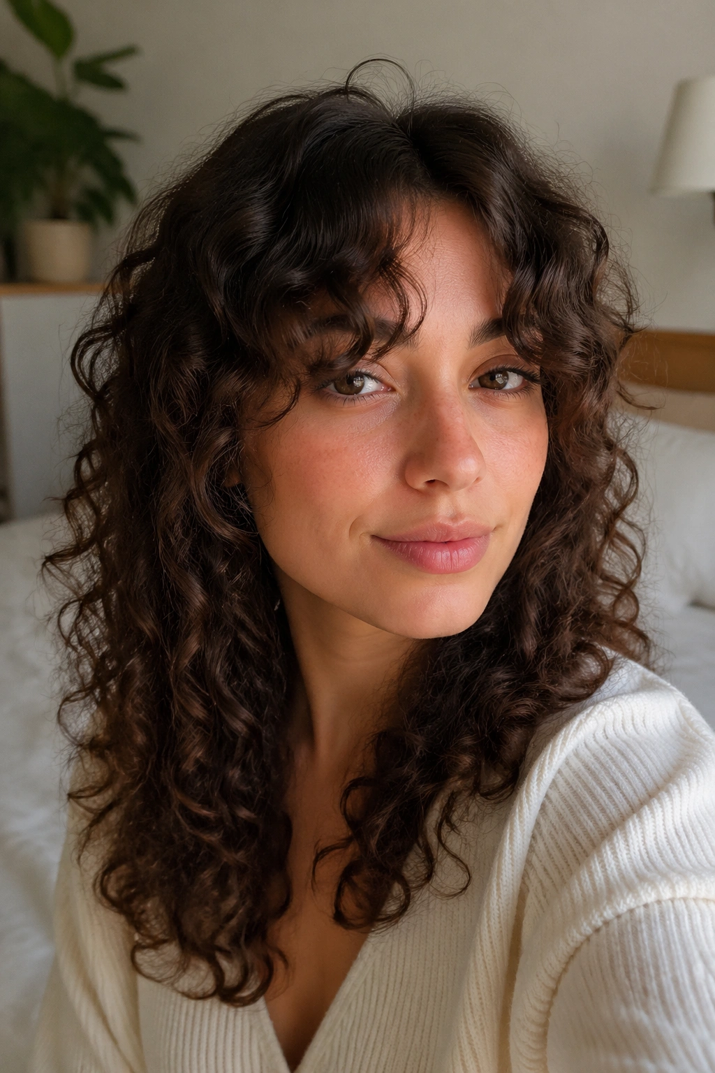 Close-up of a real woman with curtain-fringe perm curling around forehead