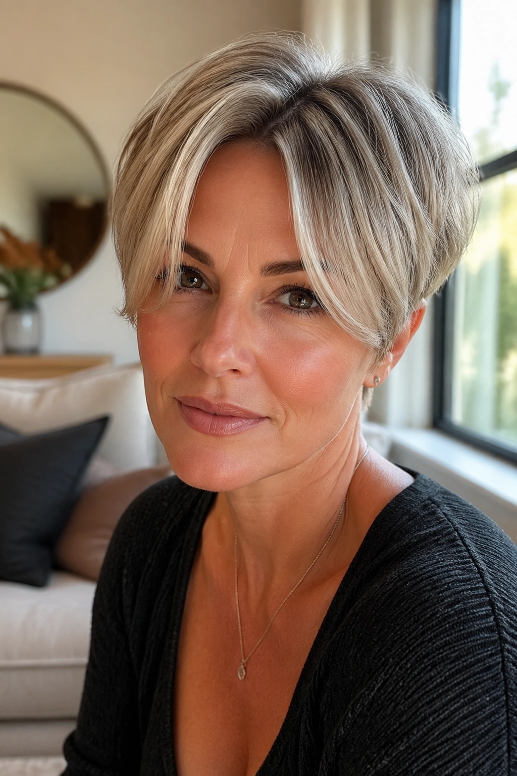 Close-up of a woman with curtain fringe pixie, fringe parted to create face-framing softness.