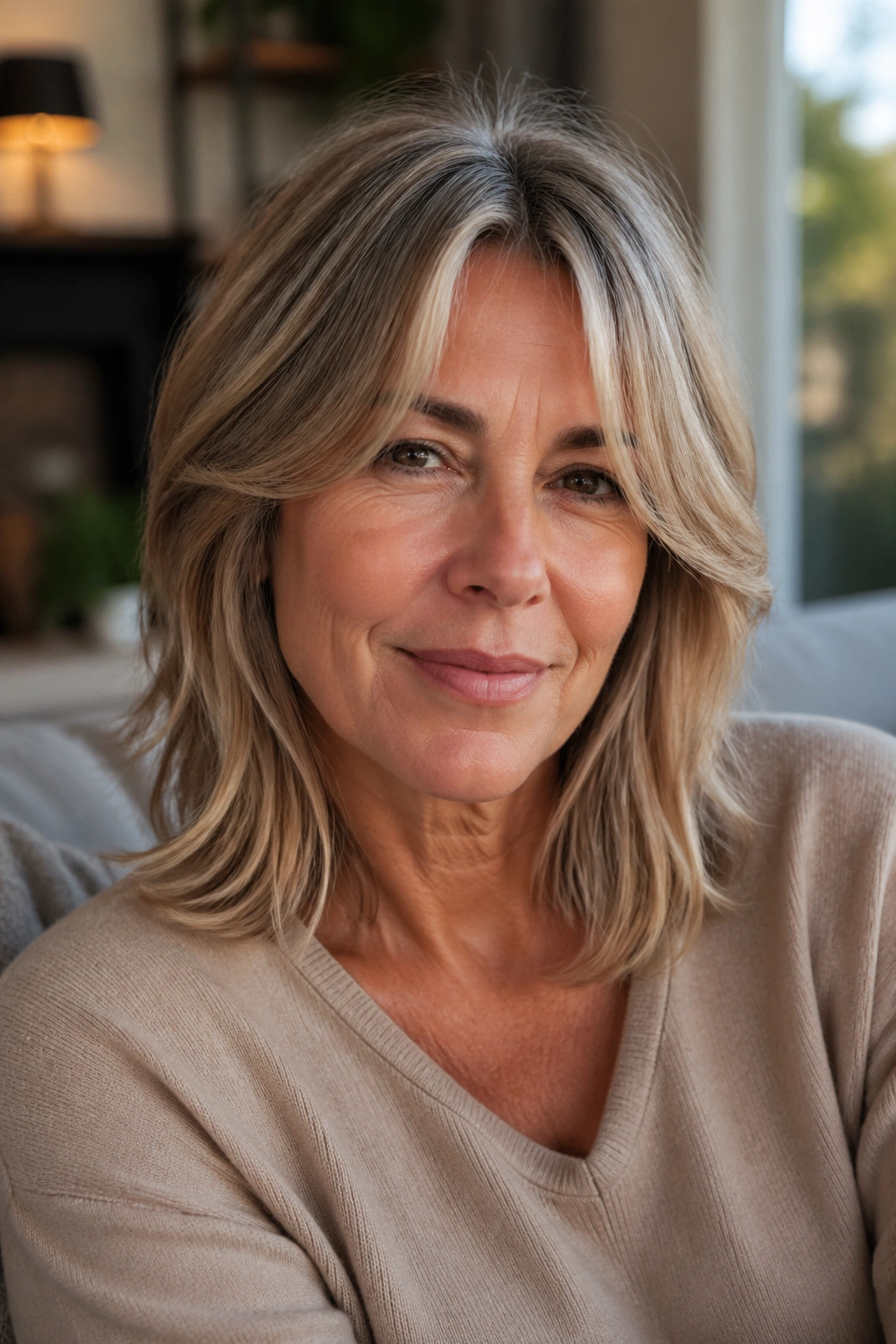 Real woman with shoulder-length hair and curtain fringe