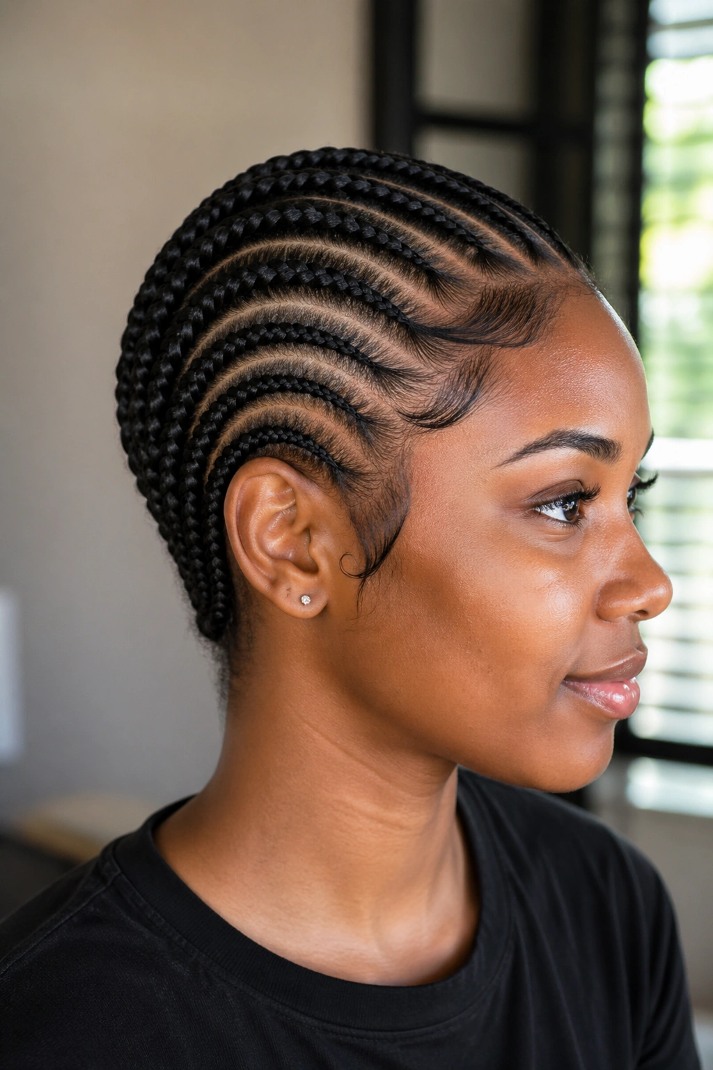 Close-up portrait of a real person with curved C-shape braids following the head