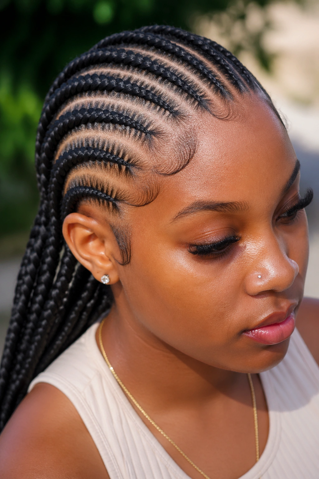 Close-up of Curved Cornrows following the head on a real woman