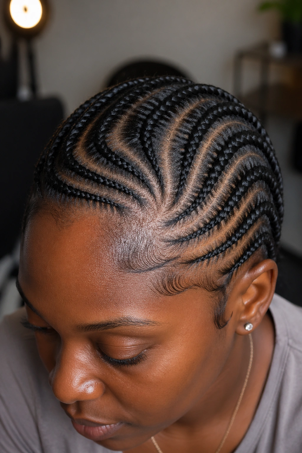 Close-up of curved cornrows following the head's contour on a real person