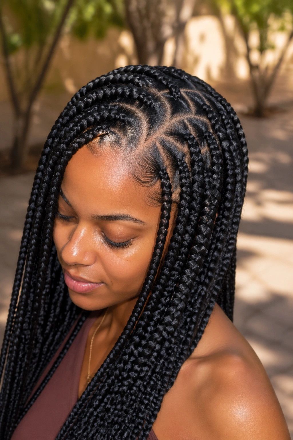 Close-up of curved crown parting on long goddess braids