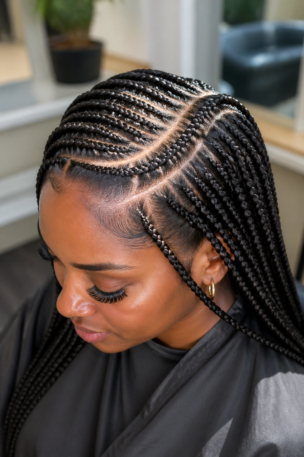 Close-up of a real person with a curved crown parting around the head.