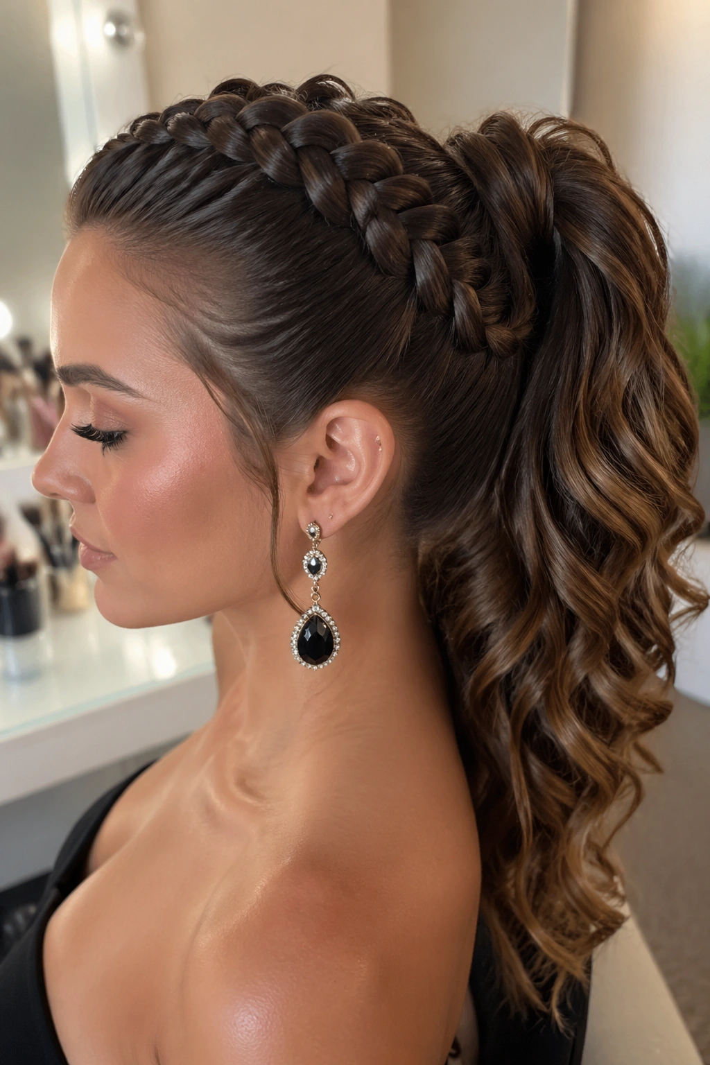 Close-up of Curved Dragon Braid Ponytail on a real woman